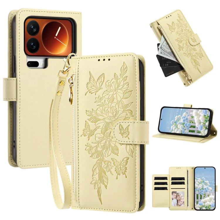 For Xiaomi 17 Pro Max 5G Butterfly Flower Zipper Wallet Vegan Leather Phone Case with Strap(Yellow)