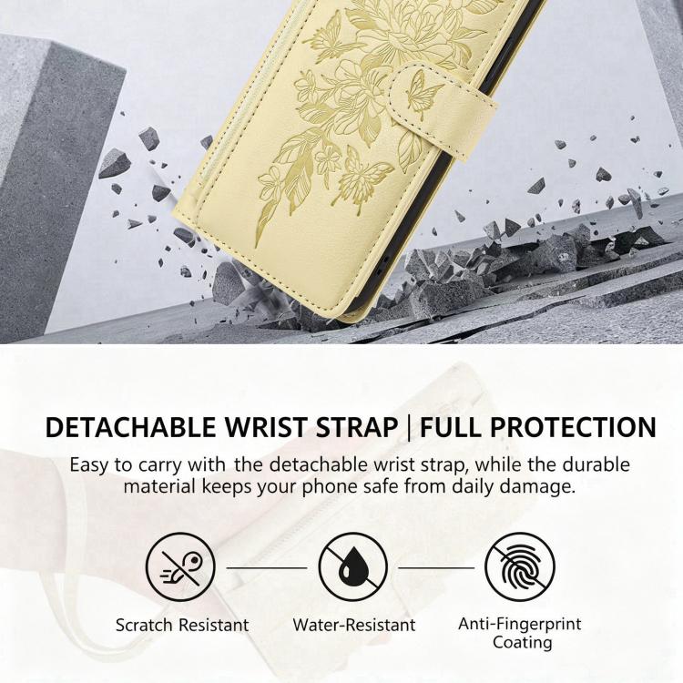 For Xiaomi 17 Pro Max 5G Butterfly Flower Zipper Wallet Vegan Leather Phone Case with Strap(Yellow) - Image 4