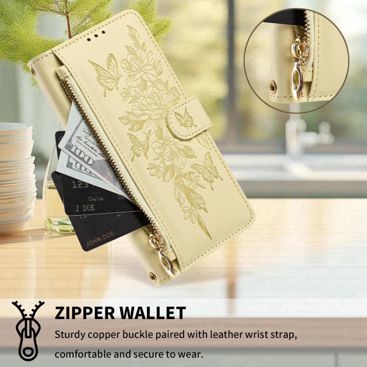 For Xiaomi 17 Pro Max 5G Butterfly Flower Zipper Wallet Vegan Leather Phone Case with Strap(Yellow) - Image 6