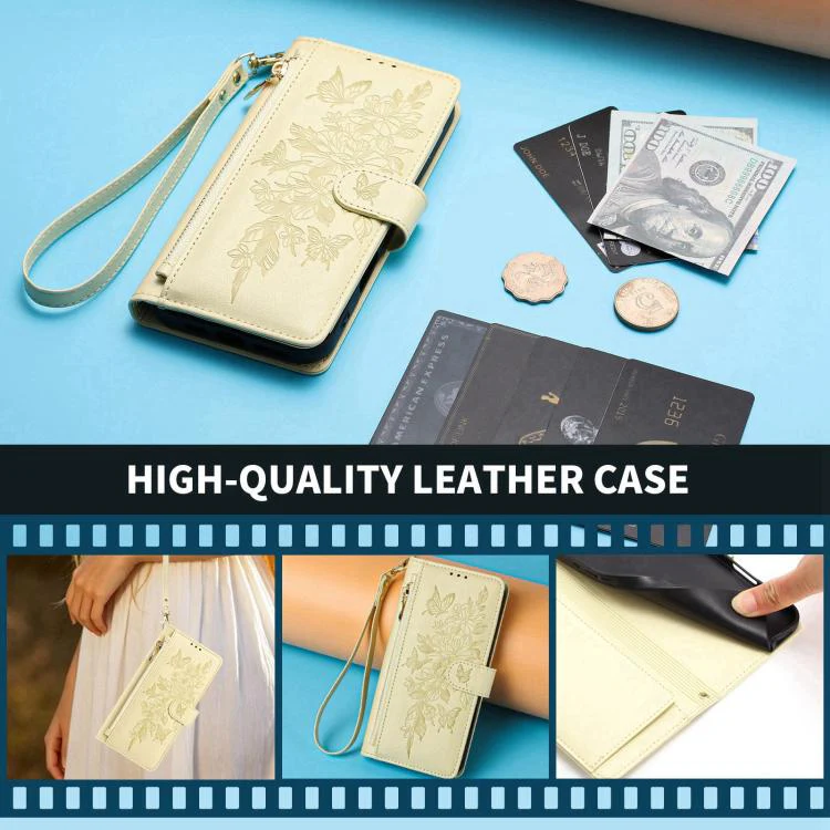 For Xiaomi 17 Pro Max 5G Butterfly Flower Zipper Wallet Vegan Leather Phone Case with Strap(Yellow) - Image 8