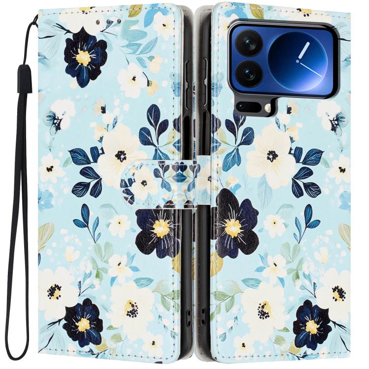 For Xiaomi 17 Pro Max Colorful Painting Vegan Leather Phone Case with Lanyard(Blue Background Flower)