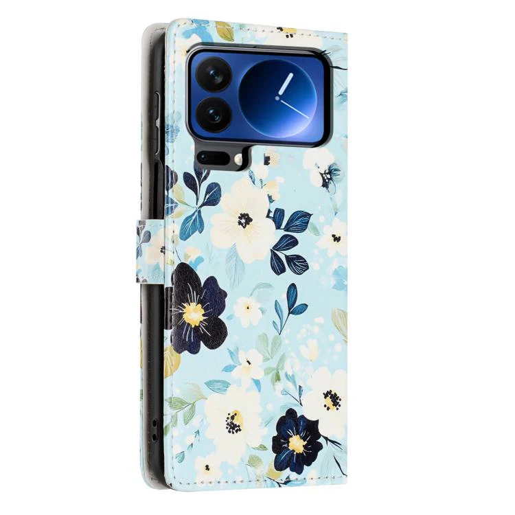 For Xiaomi 17 Pro Max Colorful Painting Vegan Leather Phone Case with Lanyard(Blue Background Flower) - Image 3