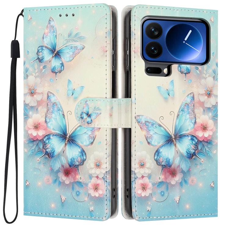 For Xiaomi 17 Pro Max Colorful Painting Vegan Leather Phone Case with Lanyard(Blue Butterflies)