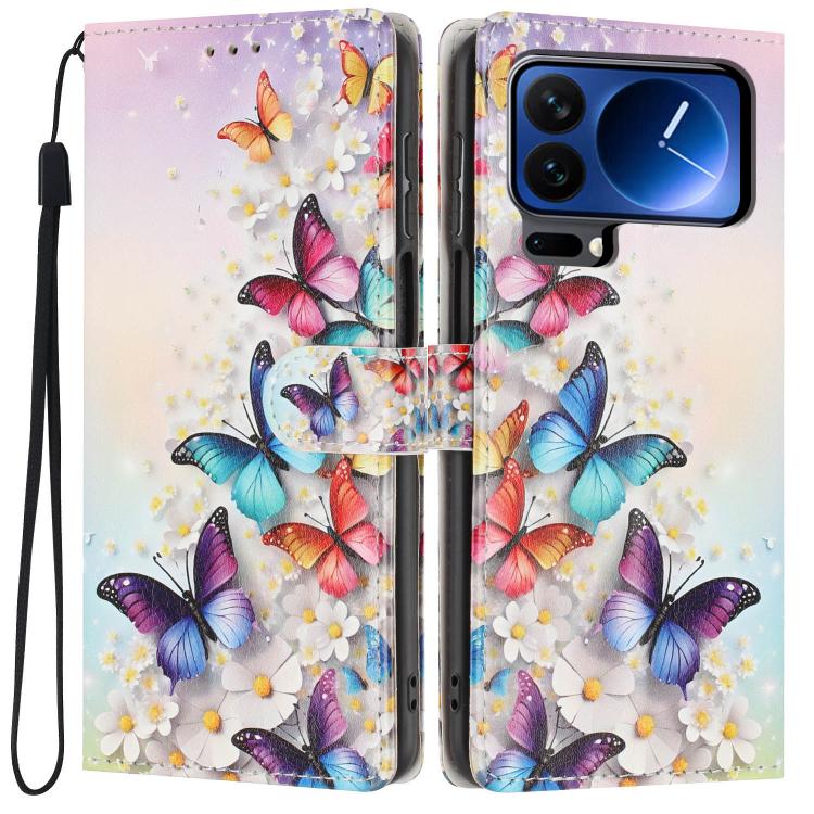 For Xiaomi 17 Pro Max Colorful Painting Vegan Leather Phone Case with Lanyard(Colorful Butterflies)