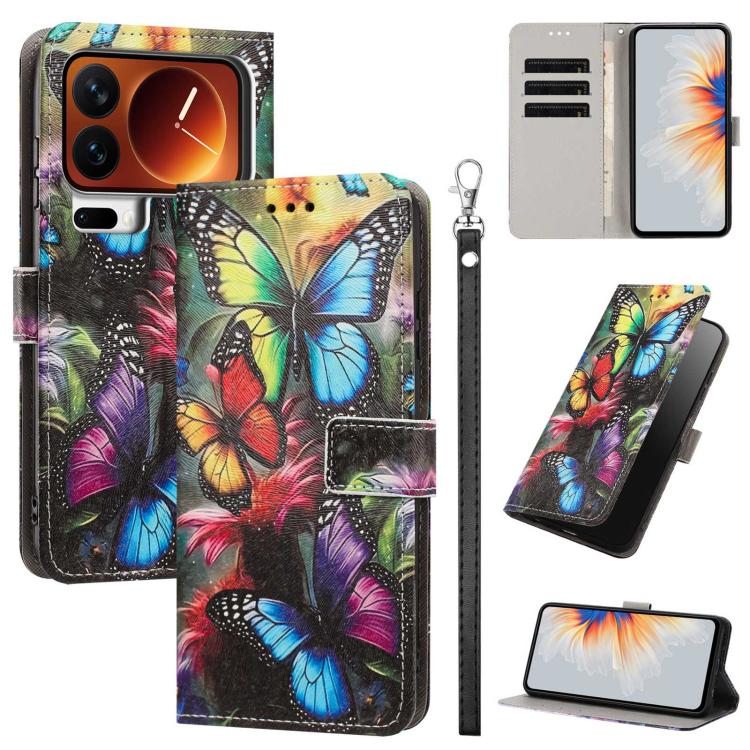 For Xiaomi 17 Pro Max Painted Pattern Vegan Leather Phone Case with Strap(Colorful Butterfly)