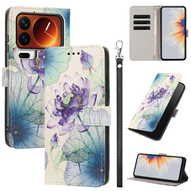 For Xiaomi 17 Pro Painted Pattern Vegan Leather Phone Case with Strap(Purple Lotus)