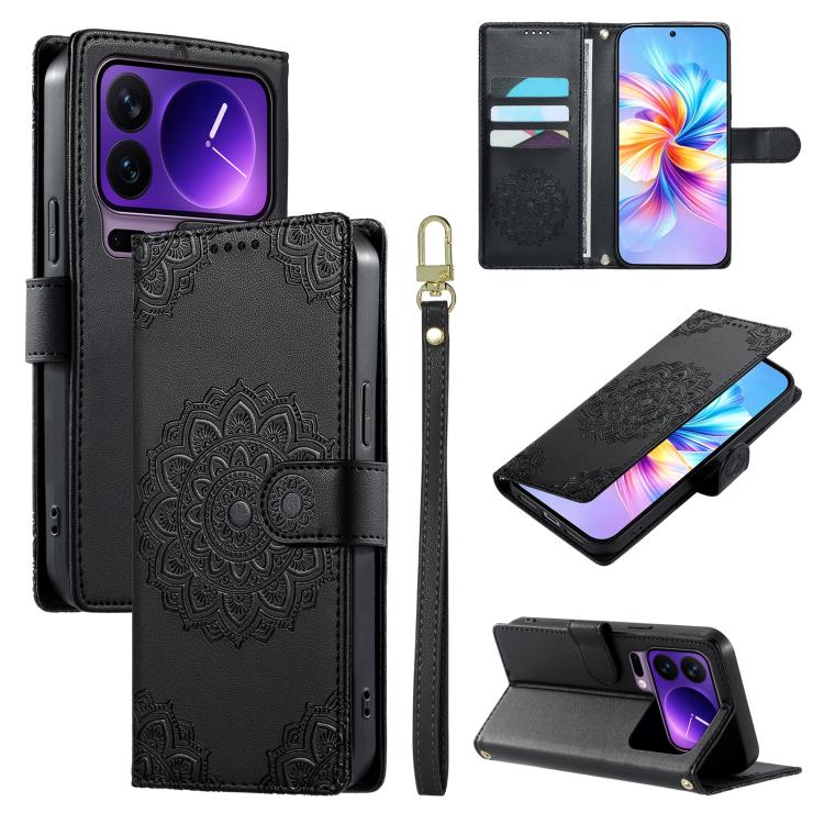 For Xiaomi 17 Pro Totem Embossed Magnetic Closure Vegan Leather Phone Case with Strap(Black)