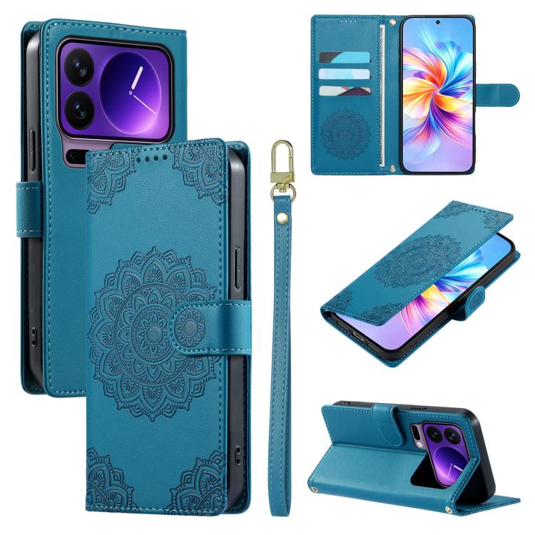 For Xiaomi 17 Pro Totem Embossed Magnetic Closure Vegan Leather Phone Case with Strap(Blue)