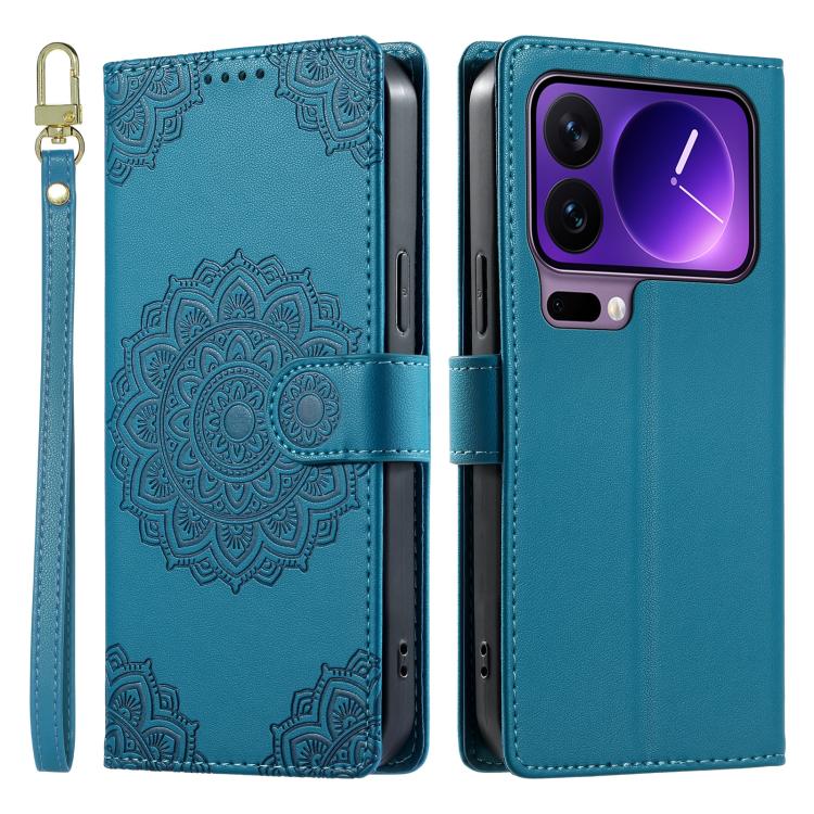 For Xiaomi 17 Pro Totem Embossed Magnetic Closure Vegan Leather Phone Case with Strap(Blue) - Image 2