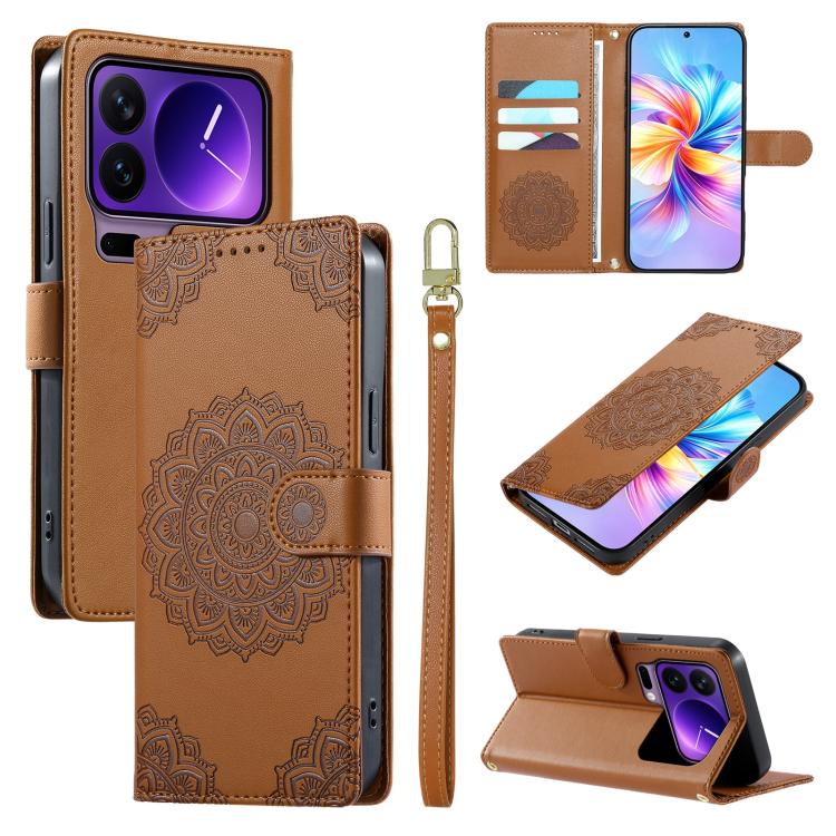 For Xiaomi 17 Pro Totem Embossed Magnetic Closure Vegan Leather Phone Case with Strap(Brown)