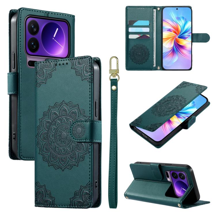 For Xiaomi 17 Pro Totem Embossed Magnetic Closure Vegan Leather Phone Case with Strap(Deep Green)