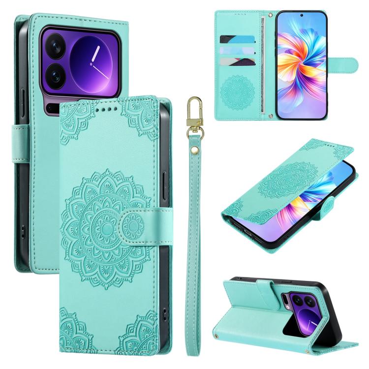 For Xiaomi 17 Pro Totem Embossed Magnetic Closure Vegan Leather Phone Case with Strap(Light Green)