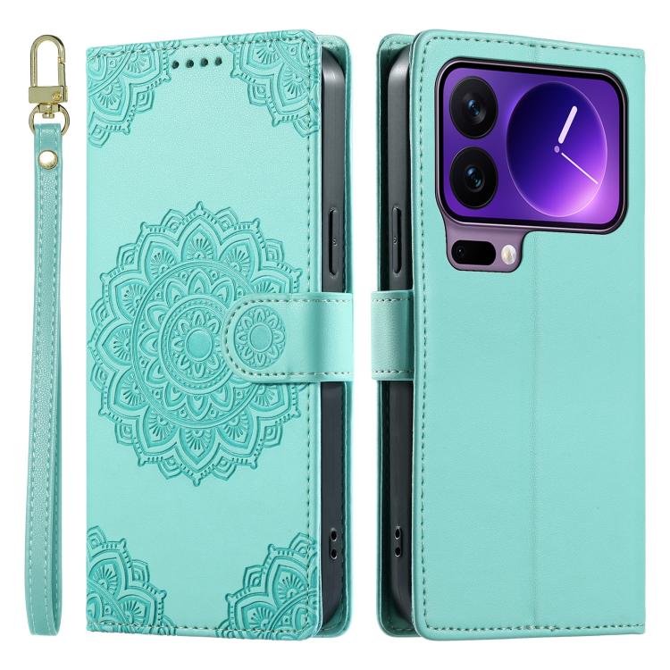 For Xiaomi 17 Pro Totem Embossed Magnetic Closure Vegan Leather Phone Case with Strap(Light Green) - Image 2