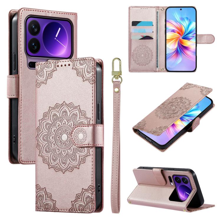 For Xiaomi 17 Pro Totem Embossed Magnetic Closure Vegan Leather Phone Case with Strap(Pink)