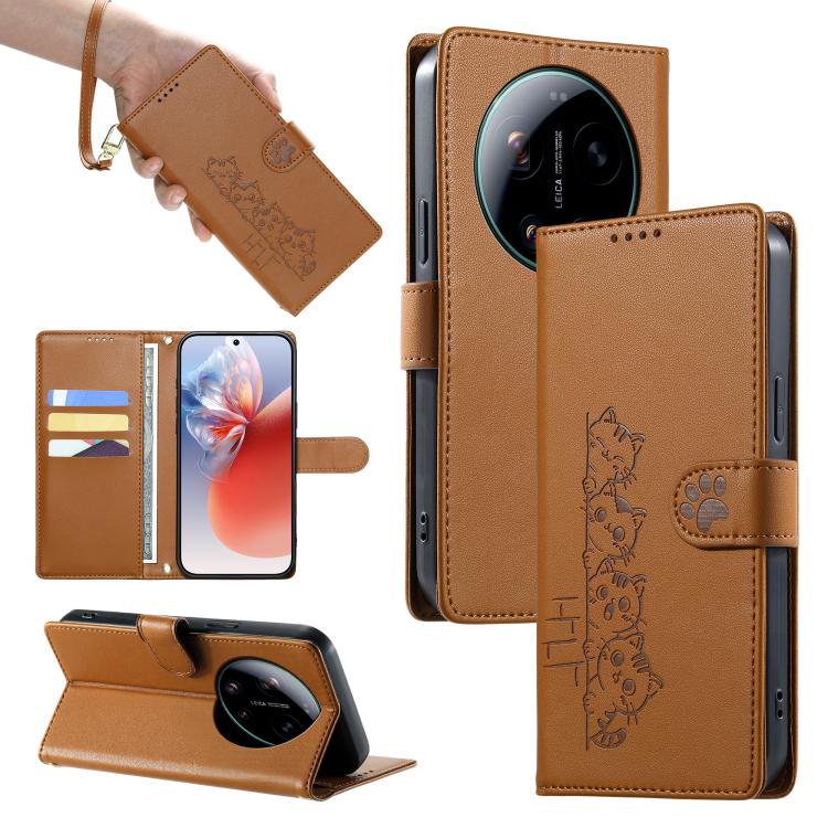 For Xiaomi 17 Ultra Cute Cats Magnetic Closure Vegan Leather Phone Case with Strap(Brown)
