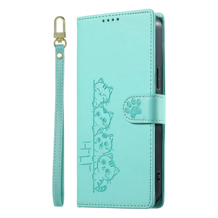 For Xiaomi 17 Ultra Cute Cats Magnetic Closure Vegan Leather Phone Case with Strap(Green) - Image 2
