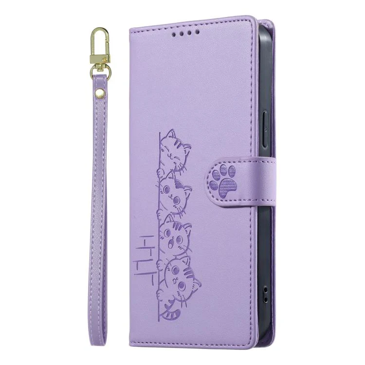 For Xiaomi 17 Ultra Cute Cats Magnetic Closure Vegan Leather Phone Case with Strap(Purple) - Image 2