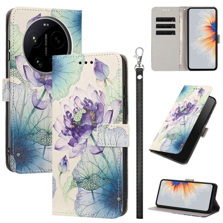 For Xiaomi 17 Ultra Painted Pattern Vegan Leather Phone Case with Strap(Purple Lotus)