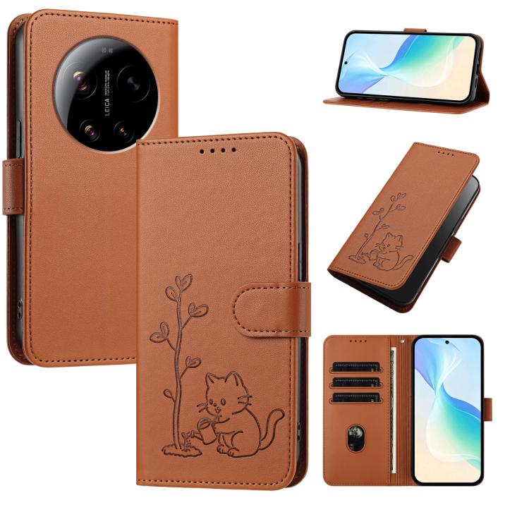 For Xiaomi 17 Ultra YX0014 Cat Watering Tree Buckle Vegan Leather Phone Case with Lanyard(Coffee Brown)