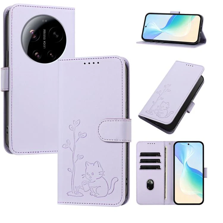 For Xiaomi 17 Ultra YX0014 Cat Watering Tree Buckle Vegan Leather Phone Case with Lanyard(Light Purple)