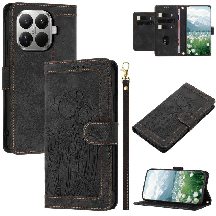For Xiaomi 17T 5G Tulips Embossed Leather Phone Case with Lanyard(Black)