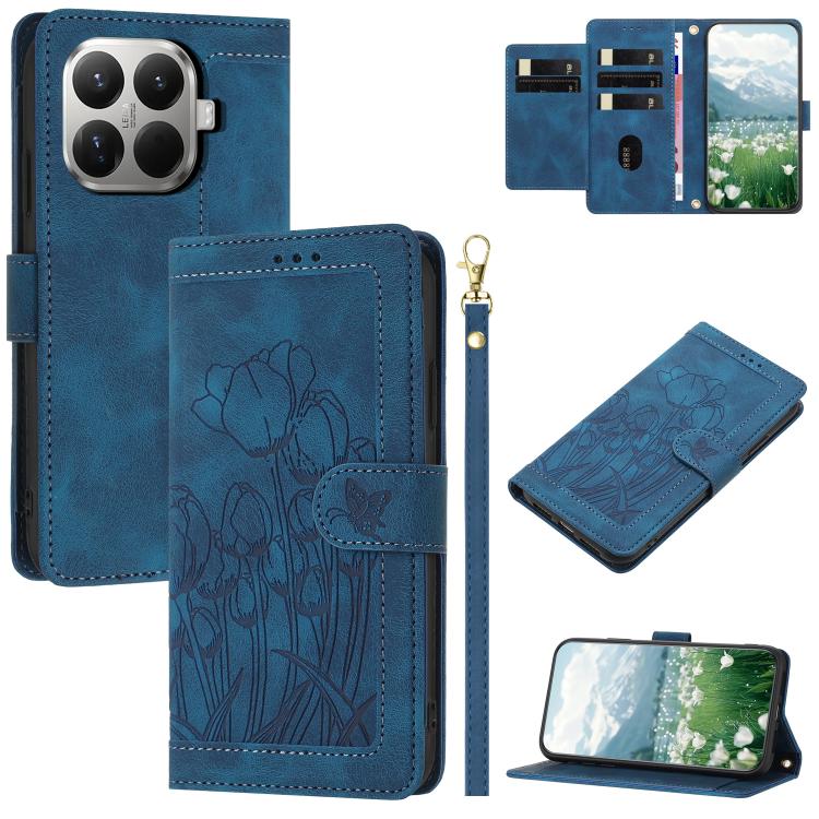 For Xiaomi 17T 5G Tulips Embossed Leather Phone Case with Lanyard(Blue)