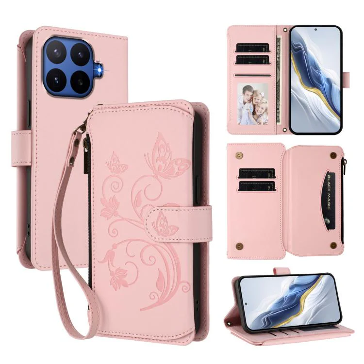 For Xiaomi 17T Pro 5G Butterfly Love Flower Multi-card Zipper Wallet Leather Phone Case(Pink)