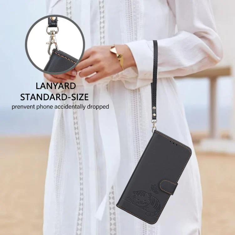 For Xiaomi 17T Pro 5G Cat Butterfly Embossed RFID Vegan Leather Phone Case with Strap(Black) - Image 7