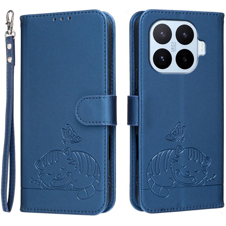 For Xiaomi 17T Pro 5G Cat Butterfly Embossed RFID Vegan Leather Phone Case with Strap(Dark Blue)