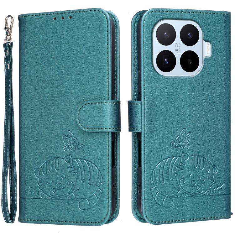 For Xiaomi 17T Pro 5G Cat Butterfly Embossed RFID Vegan Leather Phone Case with Strap(Dark Green)