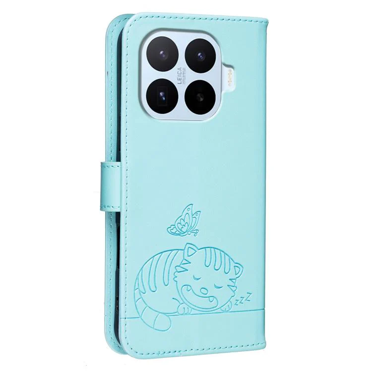 For Xiaomi 17T Pro 5G Cat Butterfly Embossed RFID Vegan Leather Phone Case with Strap(Light Green) - Image 3