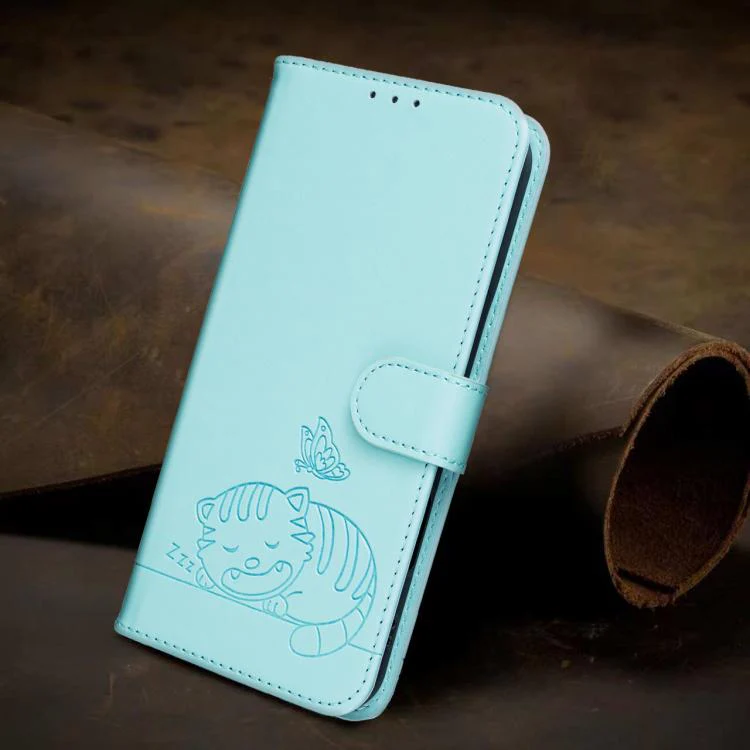 For Xiaomi 17T Pro 5G Cat Butterfly Embossed RFID Vegan Leather Phone Case with Strap(Light Green) - Image 9