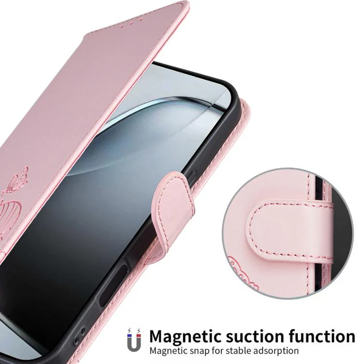 For Xiaomi 17T Pro 5G Cat Butterfly Embossed RFID Vegan Leather Phone Case with Strap(Pink) - Image 4