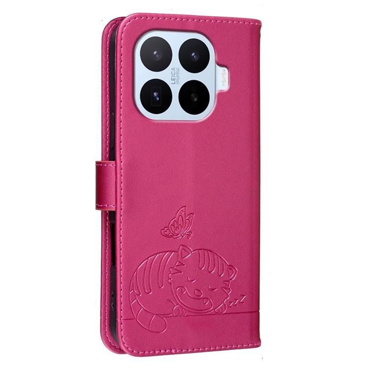 For Xiaomi 17T Pro 5G Cat Butterfly Embossed RFID Vegan Leather Phone Case with Strap(Rose Red) - Image 3