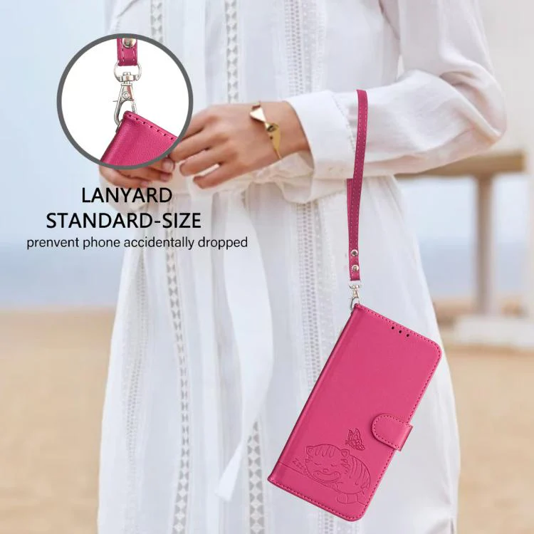 For Xiaomi 17T Pro 5G Cat Butterfly Embossed RFID Vegan Leather Phone Case with Strap(Rose Red) - Image 7