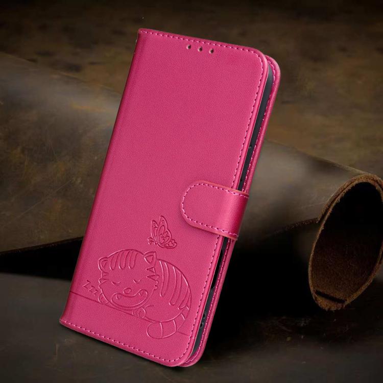 For Xiaomi 17T Pro 5G Cat Butterfly Embossed RFID Vegan Leather Phone Case with Strap(Rose Red) - Image 9