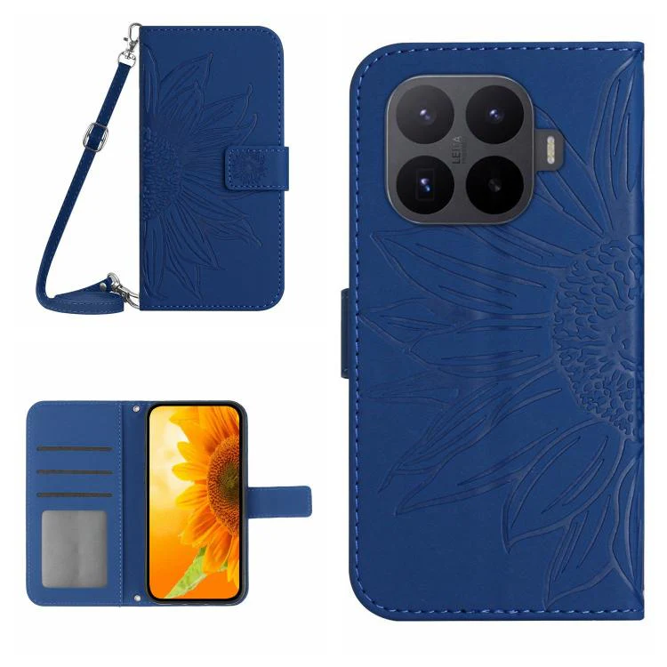 For Xiaomi 17T Pro 5G Skin Feel Sun Flower Embossed Flip Leather Phone Case with Lanyard(Dark Blue)