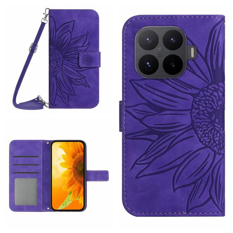 For Xiaomi 17T Pro 5G Skin Feel Sun Flower Embossed Flip Leather Phone Case with Lanyard(Dark Purple)