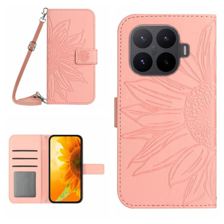 For Xiaomi 17T Pro 5G Skin Feel Sun Flower Embossed Flip Leather Phone Case with Lanyard(Pink)