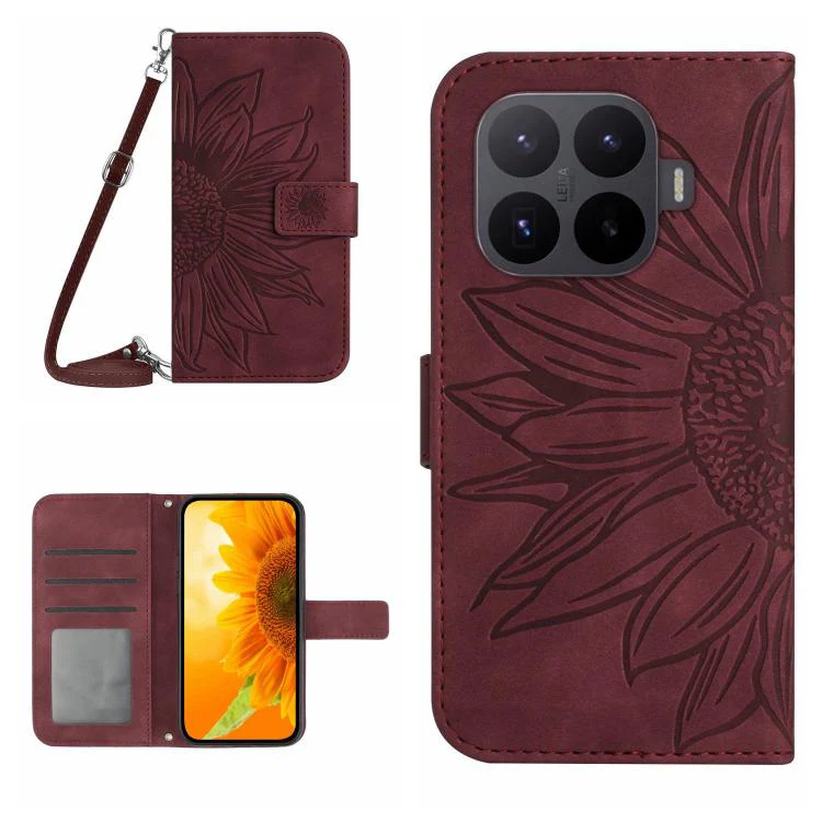 For Xiaomi 17T Pro 5G Skin Feel Sun Flower Embossed Flip Leather Phone Case with Lanyard(Wine Red)