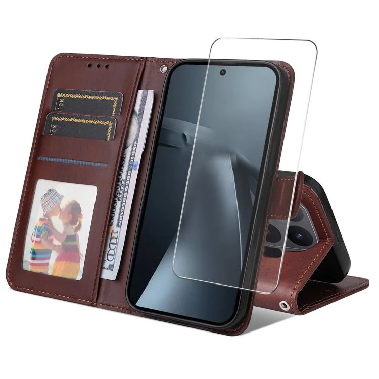 For Xiaomi 17T Pro ENKAY Card Wallet Calf Texture Leather Phone Case with 0.18mm High Aluminum-silicon Glass Film(Brown)