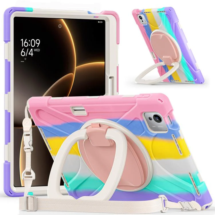 For Xiaomi Pad 7 Ultra Silicone Hybrid PC Tablet Case with Holder & Shoulder Strap(Colorful Pink) - Image 2