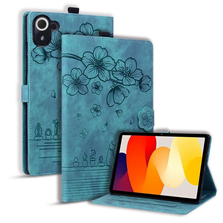 For Xiaomi Redmi K Pad Cartoon Sakura Cat Embossed Leather Tablet Case(Green)