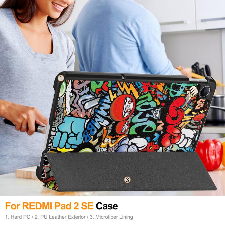 For Xiaomi Redmi Pad 2 SE 9.7 2026 Custer Painted 3-Fold Stand Leather Smart Tablet Case(Graffiti) - Image 9