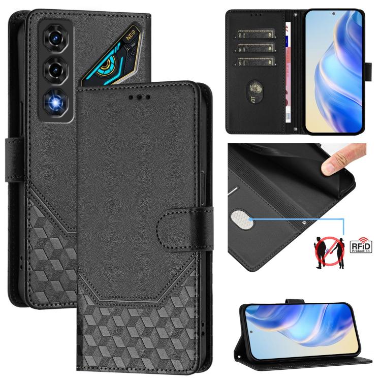For ZTE nubia Neo 5 5G Honeycomb Embossing RFID Leather Phone Case(Black)