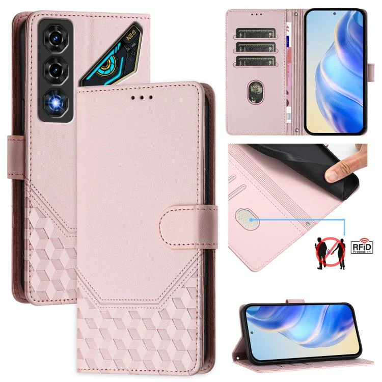 For ZTE nubia Neo 5 5G Honeycomb Embossing RFID Leather Phone Case(Pink)