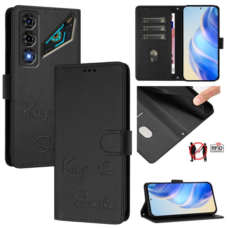 For ZTE nubia Neo 5 5G Smile Embossing RFID Leather Phone Case(Black)