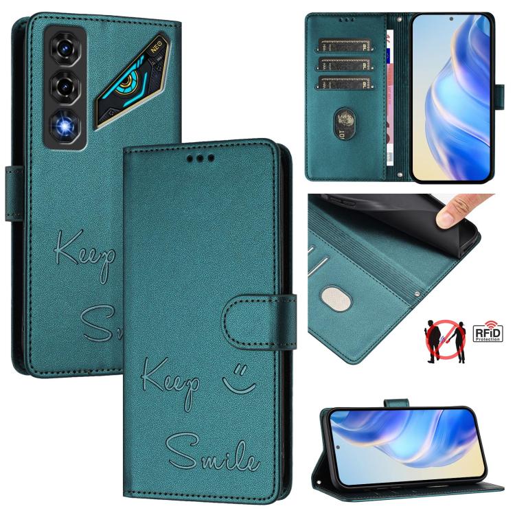 For ZTE nubia Neo 5 5G Smile Embossing RFID Leather Phone Case(Peacock Green)
