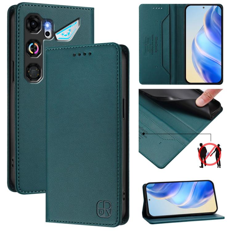 For ZTE nubia Neo 5 GT 5G RC01 Dual-Folded Magnetic Suction RFID Leather Phone Case(Dark Green)