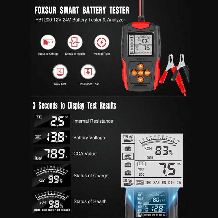 FOXSUR FBT200 12V / 24V Car Battery Tester (Red) - Image 8